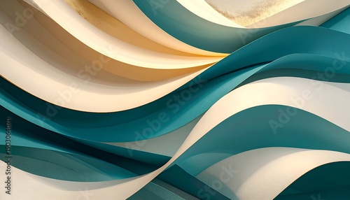 Flowing waves of teal, white, and gold paper in abstract composition