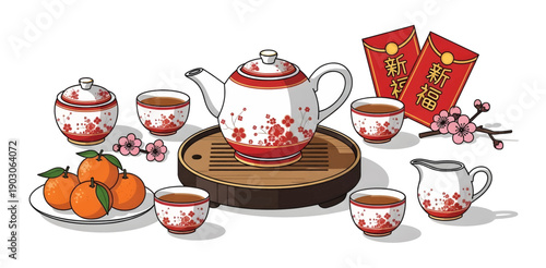 Collection of  Traditional Chinese Tea Set With Oranges.