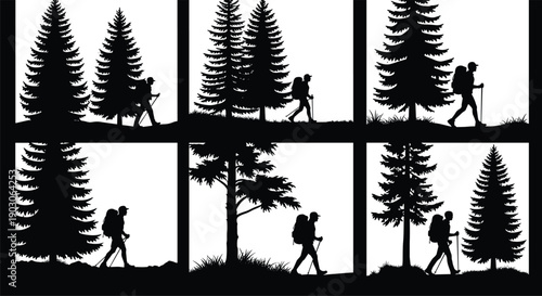 Detailed collection of black hiker silhouettes featuring backpackers walking through pine tree forests in various outdoor mountain landscapes isolated on white background for adventure.