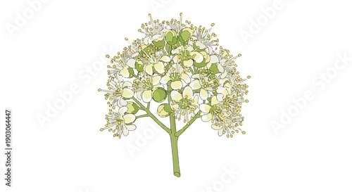 An exquisite botanical illustration showcasing a vibrant cluster of petite white flowers with detailed green buds and slender stems blooming with