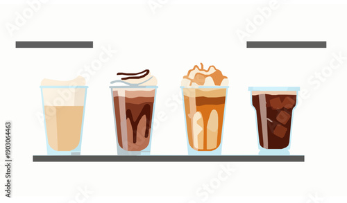 Iced coffee drinks vector set with whipped cream and toppings arranged on shelves