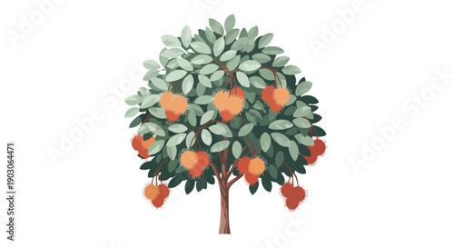 Vibrant illustration of a bountiful rambutan tree adorned with ripe, red-orange tropical fruits and lush green foliage, showcasing nature's rich