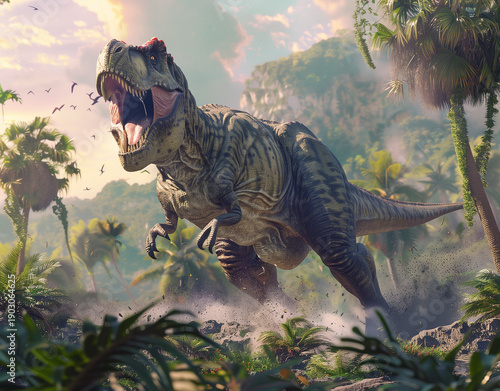 Powerful Tyrannosaurus Rex Roaring in a Dense Tropical  Jungle.
