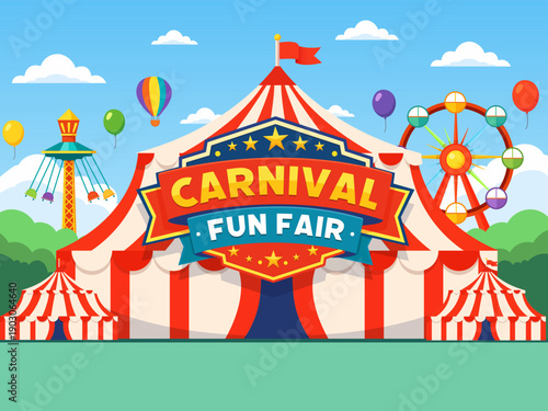 Carnival fun fair banner with circus tent ferris wheel and balloons