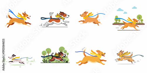 Happy dogs running with leash and scarf vector illustration set. Cartoon puppy collection demonstrating motion, exercise, and pet walking.