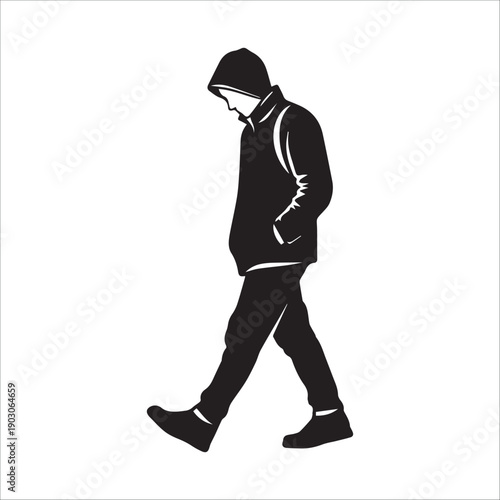 A black silhouette of a man walking alone in a white background