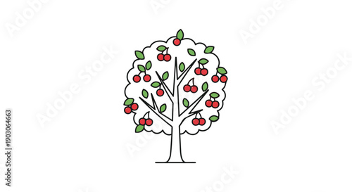 Stylized cherry tree icon abundant with rich red berries and lush green leaves on a pristine white backdrop.