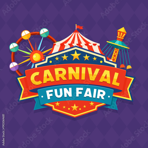Carnival fun fair logo badge with circus tent and amusement icons