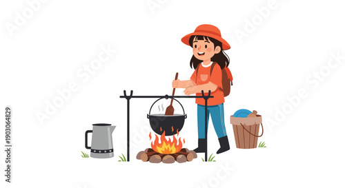 Young girl with a backpack and hat stirs a meal in a pot over a campfire during a fun outdoor camping trip in nature.