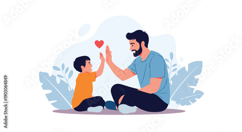 Smiling father and his little son sit on the floor and give each other a high five to celebrate a happy moment.