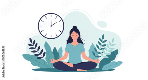 Calm young woman meditates in a lotus pose for time management and wellness with a large wall clock in background.