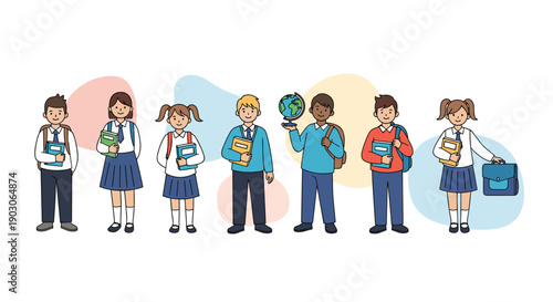 Group of diverse school students in uniforms stand together with their backpacks and books for the new school year.