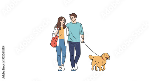 Young couple walks together while the man leads their golden retriever on a leash in a minimalist flat art style.
