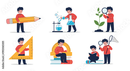 Set of illustrations showing a young boy student engaged in different school activities like science and math.