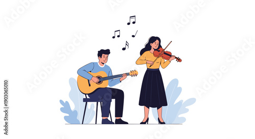 Young man on a chair plays an acoustic guitar while a woman plays a violin surrounded by floating musical notes.