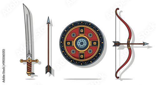 Medieval sword shield and bow weapons.