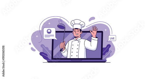 Professional chef in a white uniform appears on a laptop screen for a live online cooking class while waving hello.