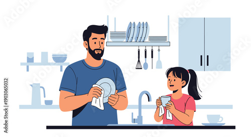 Bearded man and a young girl dry clean dishes together with towels in a kitchen setting to help with house chores.