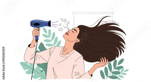Young woman with long hair uses a blue hairdryer and enjoys the breeze while surrounded by green plant leaves.