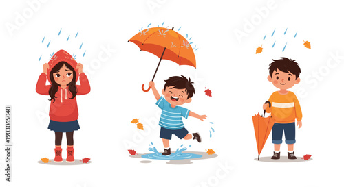 Three young children show different emotional reactions to rain with umbrellas and coats in a cute illustration.