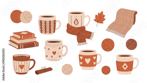Brown coffee mugs with various designs.