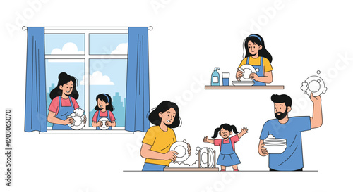 Happy family members of all ages working together in a kitchen to wash and dry dishes while sharing quality time at home.