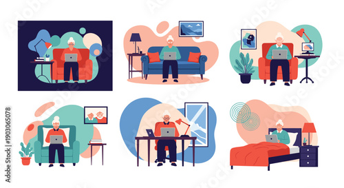 Set of illustrations showing an elderly woman comfortably using her laptop in various rooms and settings around her home.