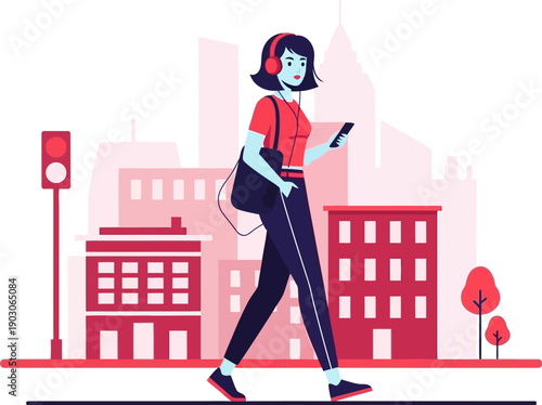 Woman walking in city with headphones and smartphone, enjoying music and mobile communication on the go in urban environment