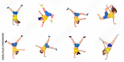 Vector illustration set of young people performing dynamic acrobatic movements, including various handstands, cartwheels, and breakdancing poses.