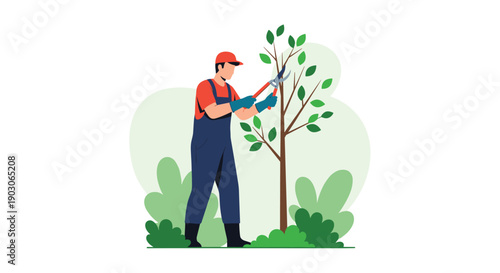 Male gardener in a red cap and blue overalls using pruning shears to trim the branches of a young green tree.