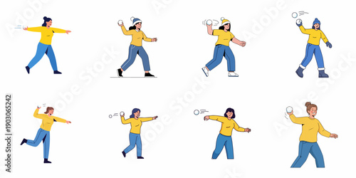 Collection of flat vector illustrations depicting women playing snowball fights and enjoying winter outdoor recreation.