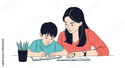 Helpful mother sitting at a desk and guiding her young son with his school homework and writing in a notebook.