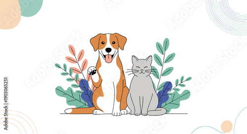 Adorable dog and cat sitting together peacefully as friends surrounded by decorative green plants and leaves.
