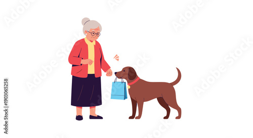 Senior woman standing with her brown dog that is helpfully carrying a blue shopping bag in its mouth for its owner.