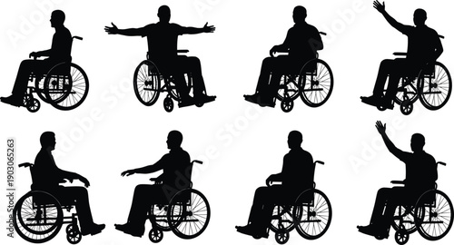 Large collection of black silhouettes featuring a man in a wheelchair in various poses including waving and gesturing isolated on white background for accessibility design.