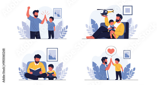 Set of illustrations depicting the loving relationship and bonding activities between a father and his young son.