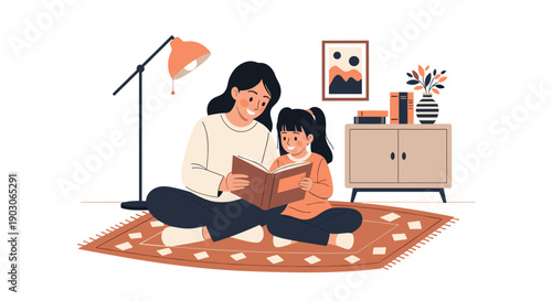 Loving mother and her daughter sitting on a patterned rug and reading a storybook together in a cozy home setting.