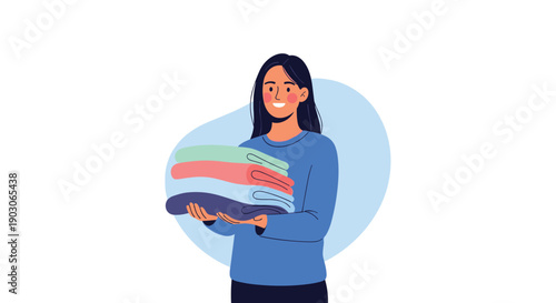 Smiling young woman happily holding a stack of neatly folded colorful clothes on a light blue background.