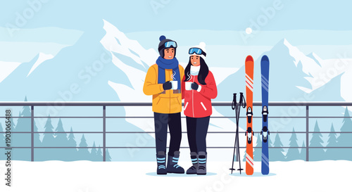 Young couple in winter clothes standing on a balcony with a snowy mountain view and holding cups of hot chocolate.