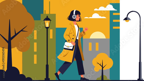 A stylish woman walks through a vibrant city park listening to music on her headphones, enjoying a pleasant day outdoors amid urban greenery and modern architecture