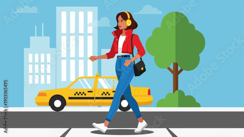 Modern woman walking on an urban crosswalk, enjoying music through headphones, with a bustling cityscape featuring buildings, a yellow taxi, and trees, illustrating city life