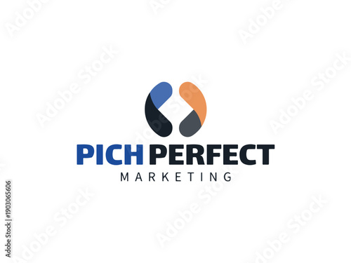 Professional and modern Pich Perfect Marketing logo design featuring abstract interconnected shapes in blue orange and gray colors suggesting synergy and partnership in branding