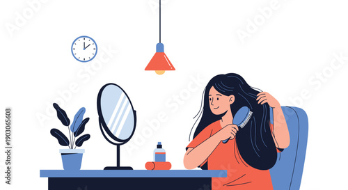 Young woman sitting at a blue vanity table brushing her long dark hair in front of a mirror with decorative plants and a clock nearby.