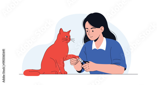 Young woman carefully clipping the nails of a ginger cat on a table to ensure proper pet grooming, hygiene, and overall animal health.
