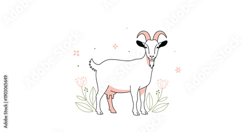 White domestic goat standing peacefully surrounded by delicate pink flowers and green leaves in a charming and pastoral illustration.