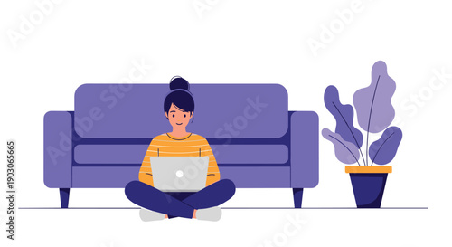 Young woman sitting cross-legged on the floor using her laptop in a cozy living room with a purple sofa and a large potted plant nearby.