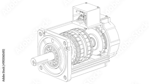 Cutaway Servo Motor Engineering Line Art Technical Drawing on White Background