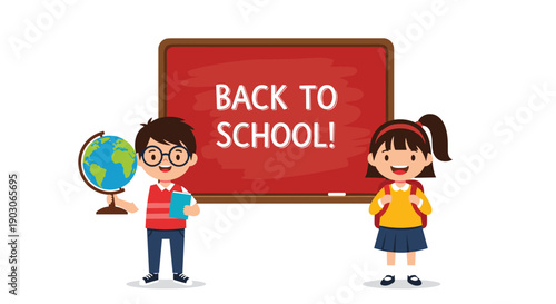 Young boy and girl students standing happily in front of a red chalkboard with Back To School text and various educational items.