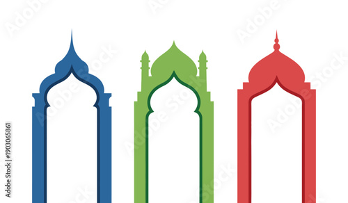 Colorful islamic archway silhouettes in blue green and red