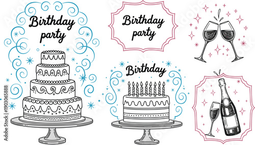 Decorative birthday party illustration set featuring multi tiered cakes with candles champagne bottle and toasting wine glasses in ornate frames for festive event invitations